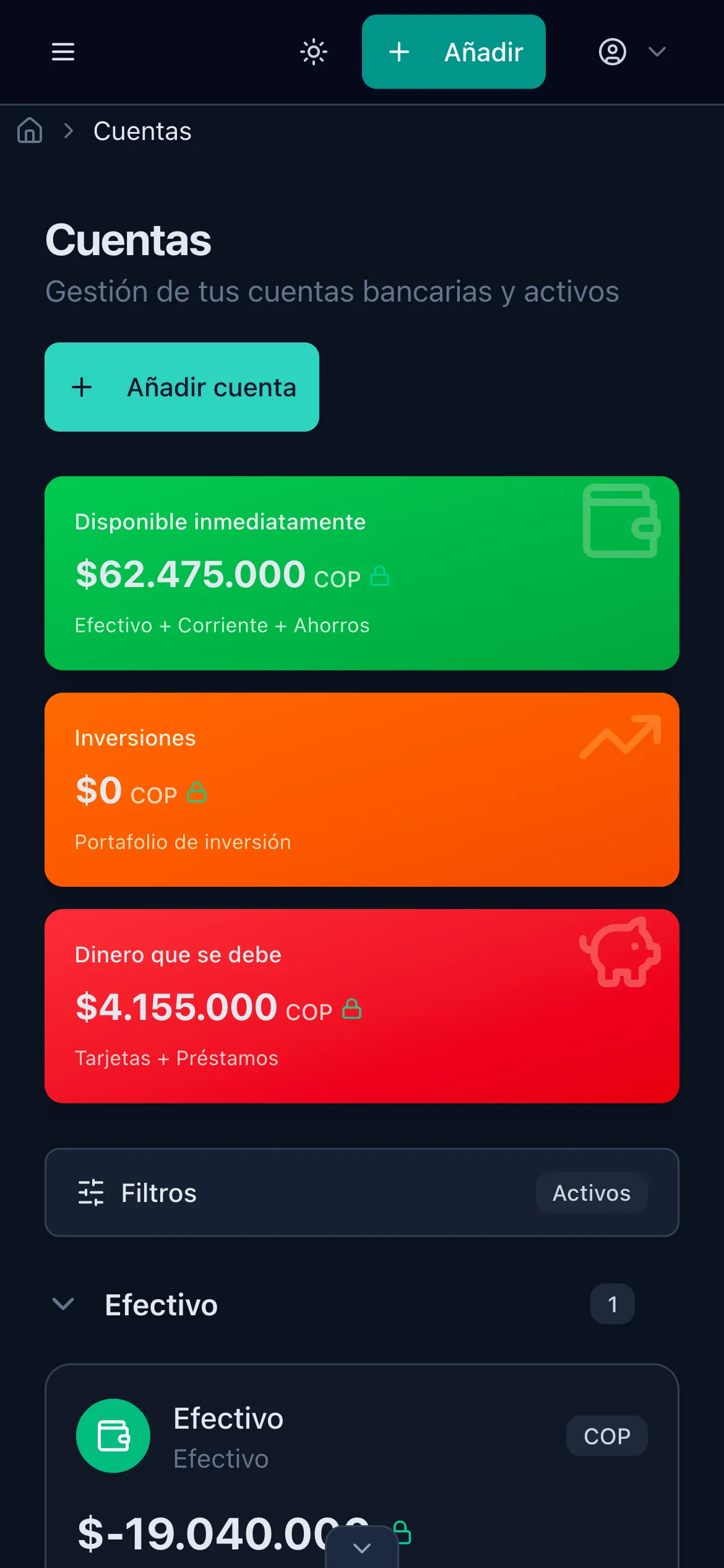 Lista de cuentas en Ahorra Tranquilo mostrando Nequi, Bancolombia y Efectivo