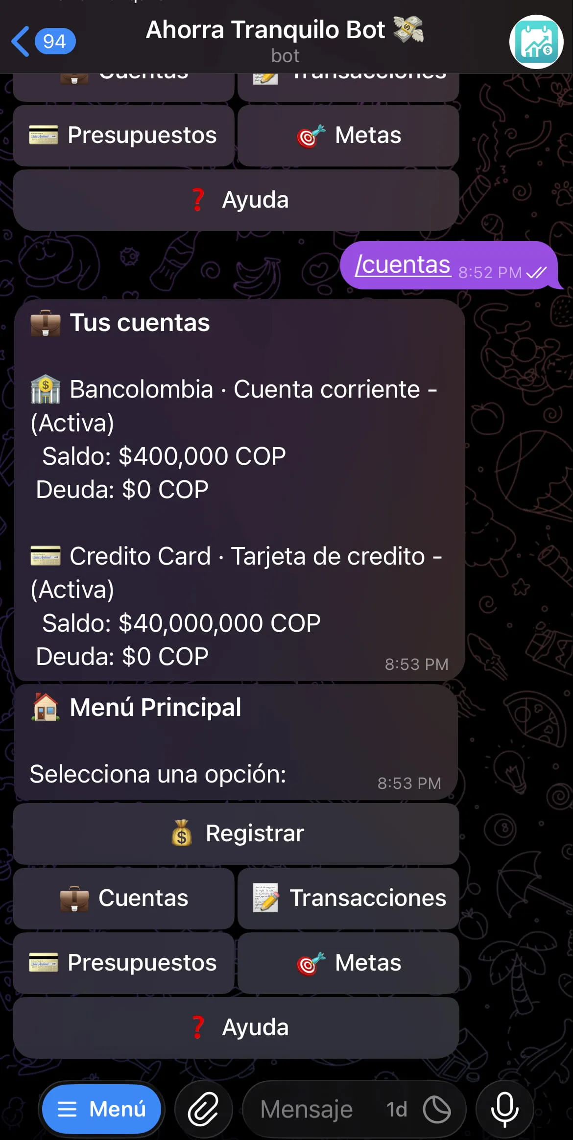 Vista del comando /cuentas en el bot