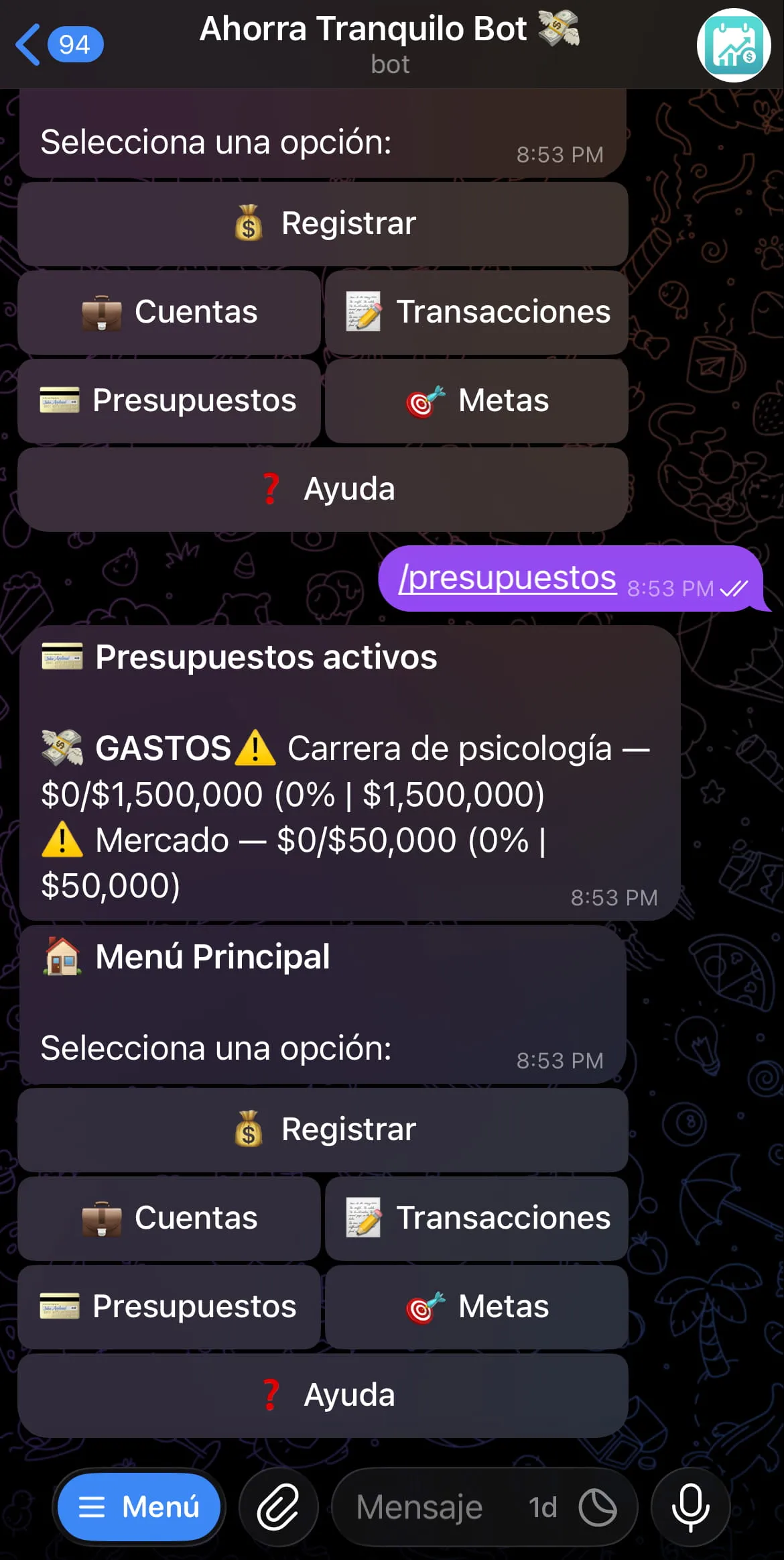 Vista del comando /presupuestos en el bot