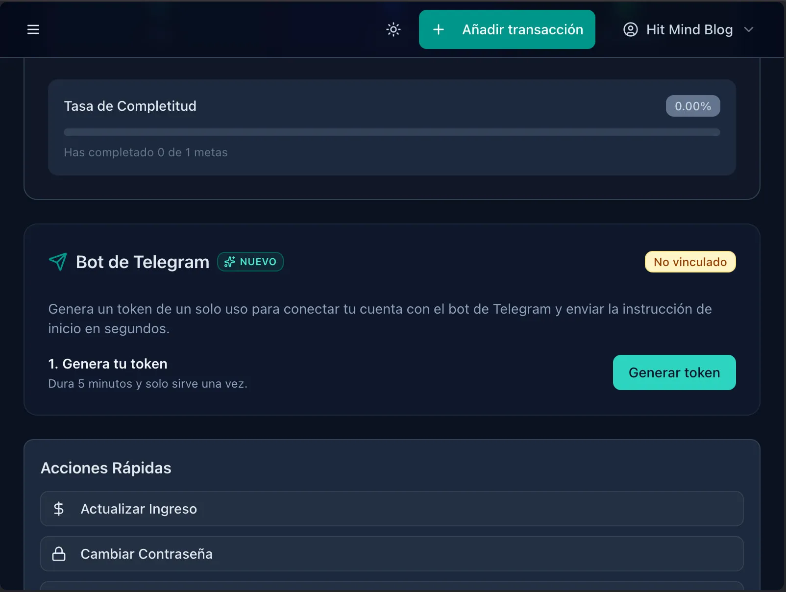Sección Bot de Telegram en la app