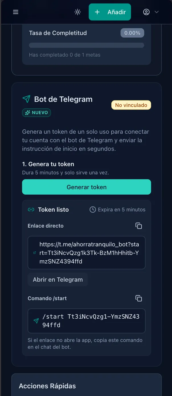 Token generado con enlace directo y comando